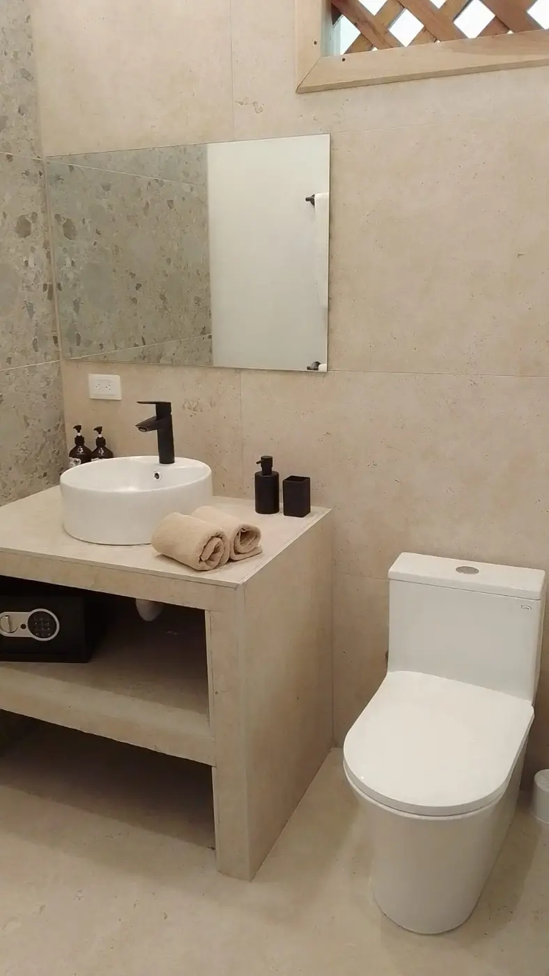 Modern private bathroom with shower, washbasin and toilet